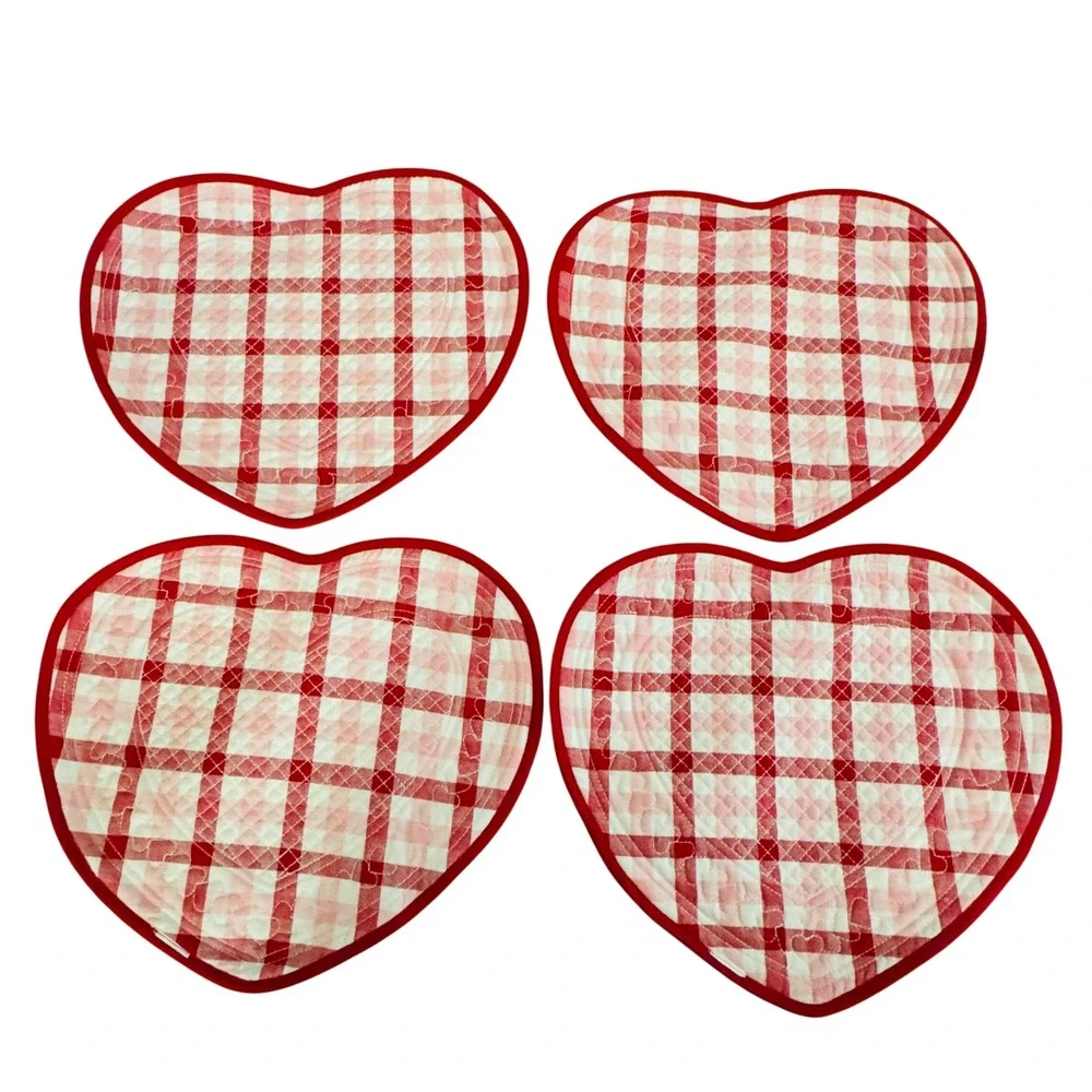 Set 4 Heart Placemat Reversible‎ Red Gingham Quilted Valentine Country Farmhouse